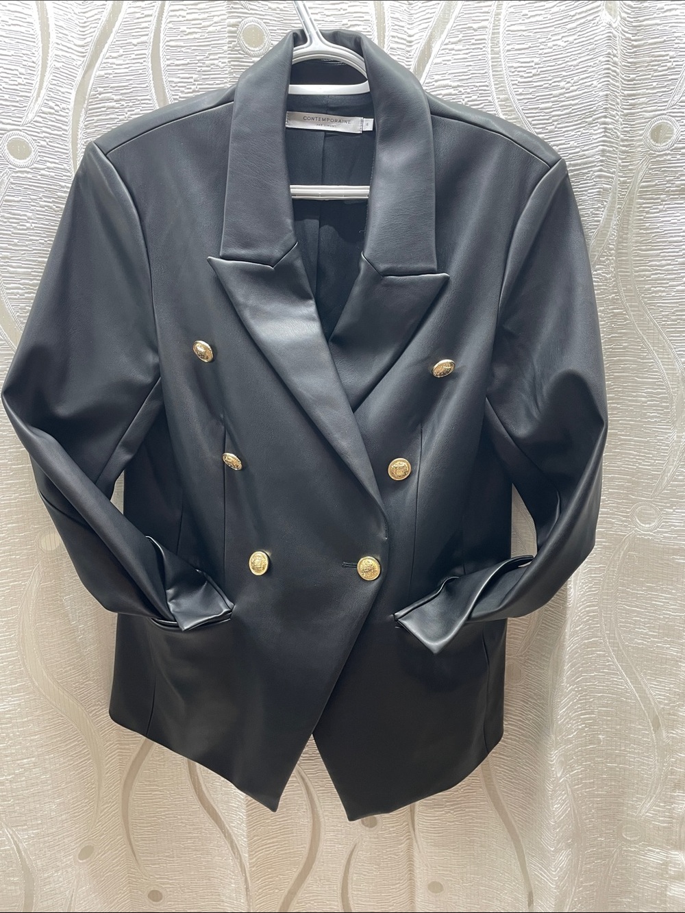 Tailored Black Faux Leather Double-Breasted Blazer with Gold Buttons